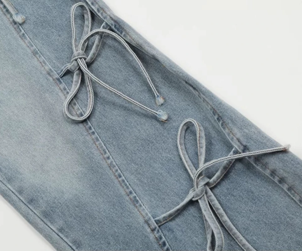 Jesienne nowe sznurowane dżinsy z muszką, damskie amerykańskie retro wszechstronne luźne spodnie z szerokimi nogawkami do podłogi