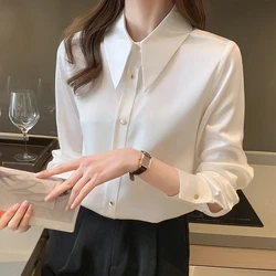 Korean Silk Women Shirts Satin Blouses Women Long Sleeve Shirts Tops Woman Silk Shirt Tops Woman Peter Pan Collar Satin Blouses