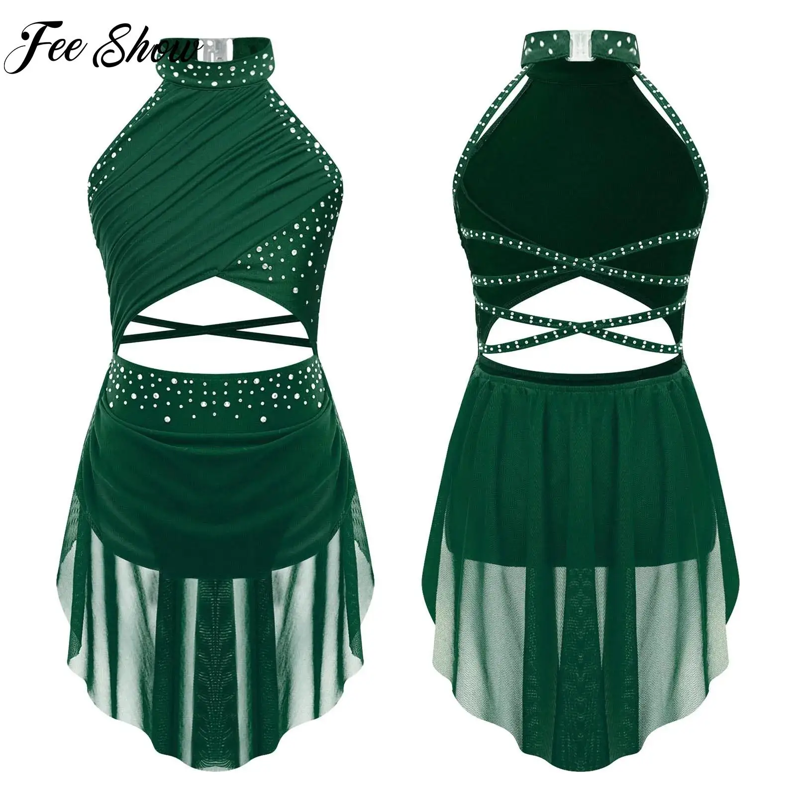 

Glittery Rhinestone Figure Skating Leotard Dress for Girls Kids Sleeveless Dress Dancewear for Ballet Lyrical Dance Gymnastics