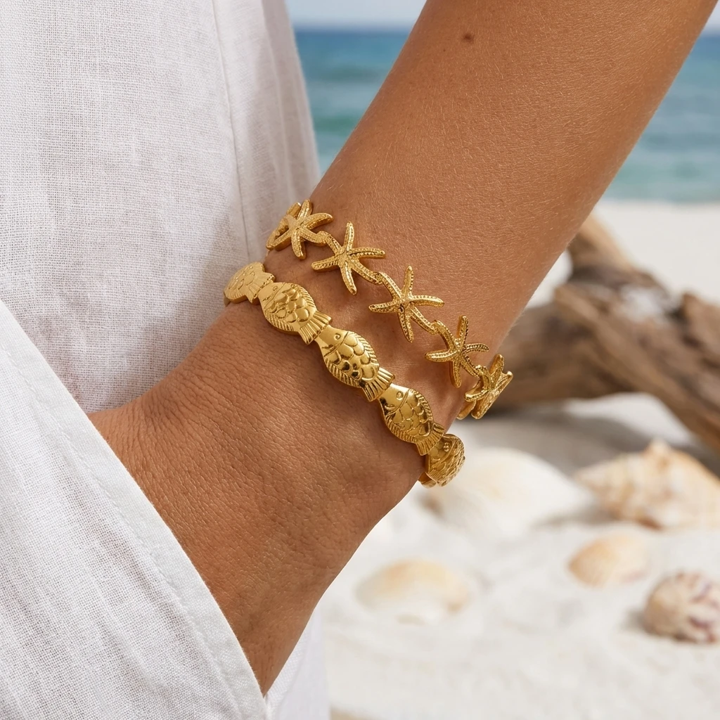 Summer Ocean Style Fish Shell Starfish Cuff Open Bangle for Women Gold Color Stainless Steel Bracelet Aesthetic Party Jewelry