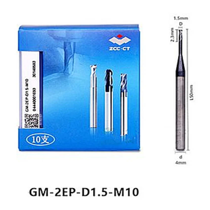 GM-2EP-D1.5-M10 ZCC.CT GM-2EP Two edge straight shank long neck short edge flat end mills D1.5*10*50 2T 2 Flutes Flat End Mills