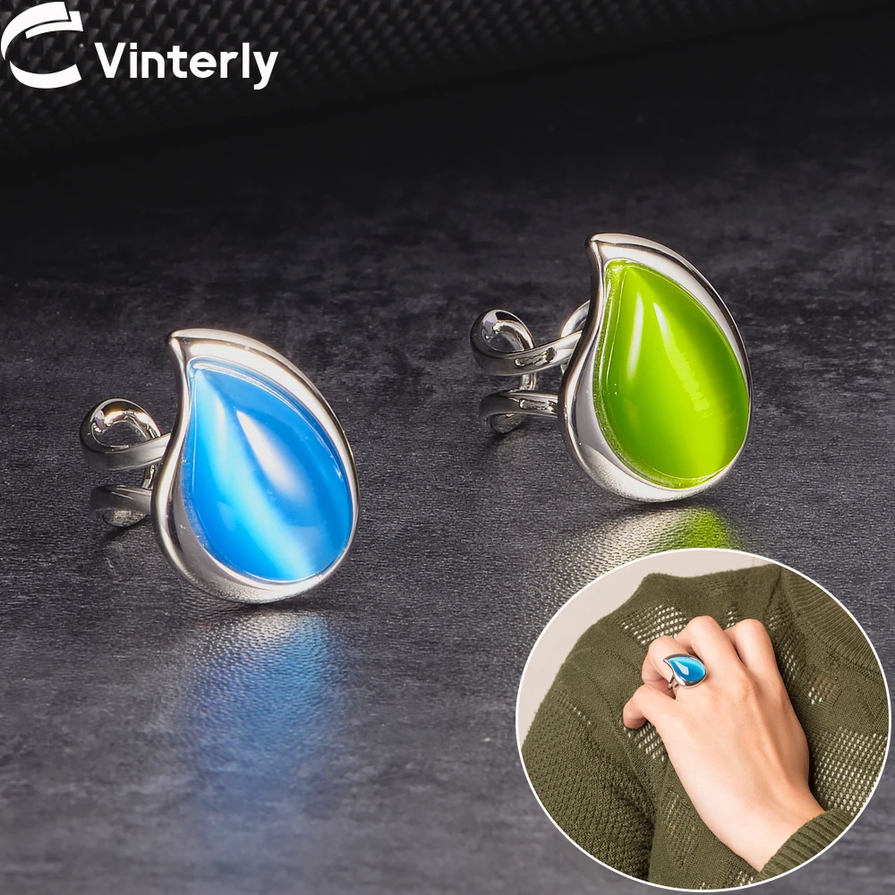 Vinterly Copper Adjustable Rings for Women Drips Blue Crystals Trendy Open Cuff Finger Jewelry Resizable Big Stone Female