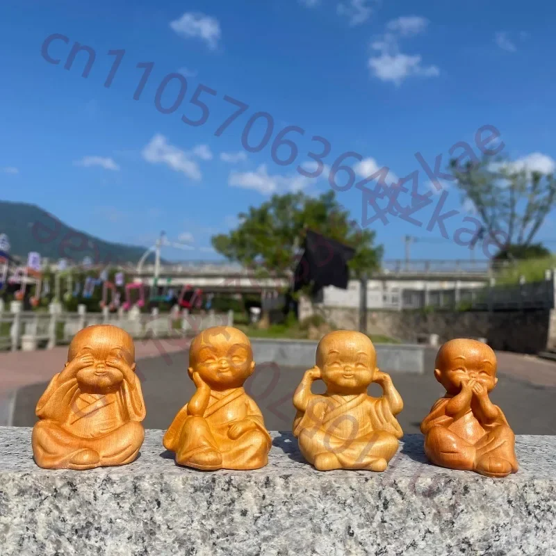 Zen-Inspired Little Monk Statue Set, Wood Carved See Hear Speak No Evil Amiable Figures, Home Office Desk Decor Crafts Gift
