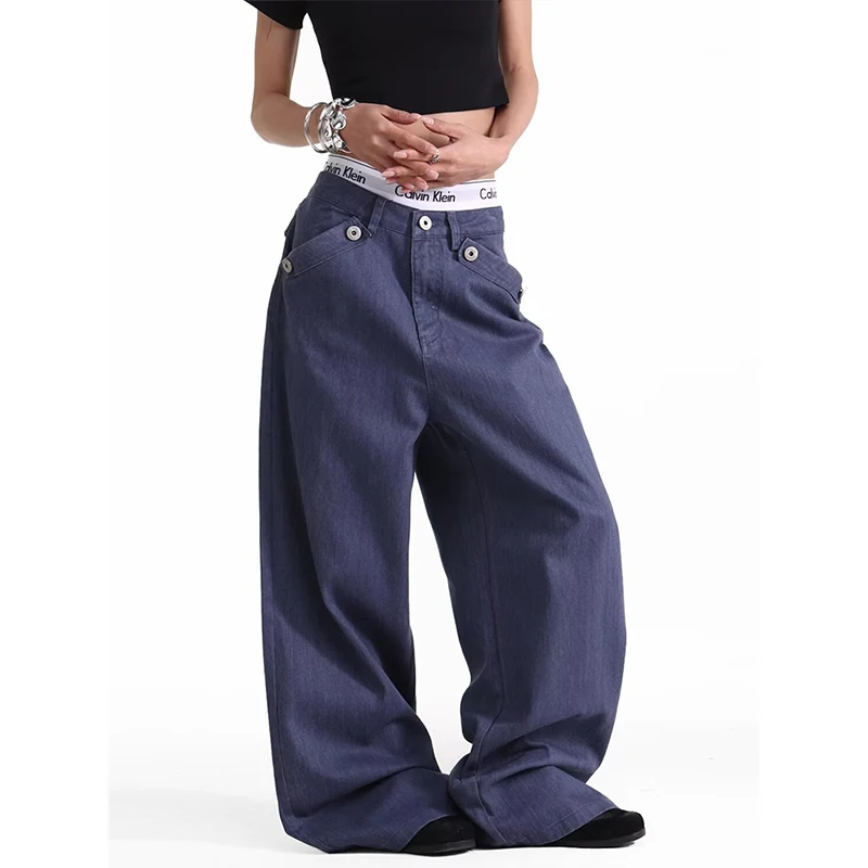 Women Baggy Blue Jean Cargo Denim Pants American Retro Y2k 2000s Washed Designer Japanese Harajuku Wide Leg Long Trousers