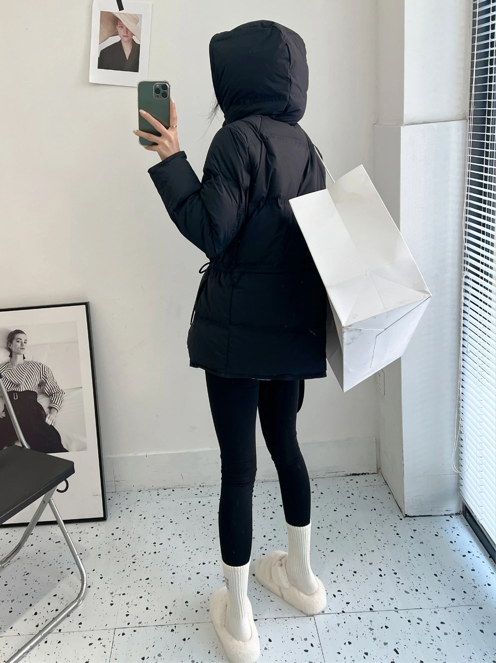 معطف نسائي من Ele بقلنسوة من Jaet عالي الجودة دافئ من Thiened Personali جميل بخصر 90 معطف أبيض من الريش