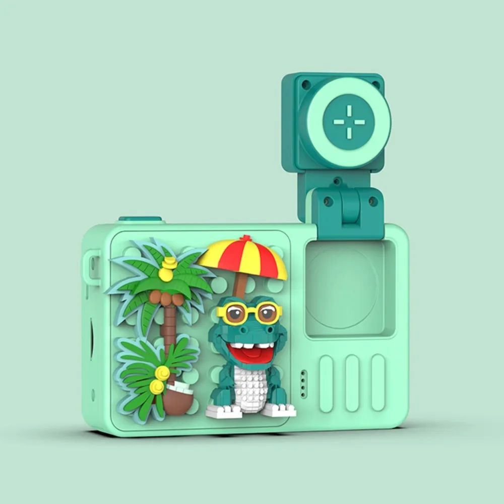 Crianças flip bloco de construção câmera 48mp hd lente flip com suporte dos desenhos animados crocodilo haste brinquedo educativo fotografia digital starter