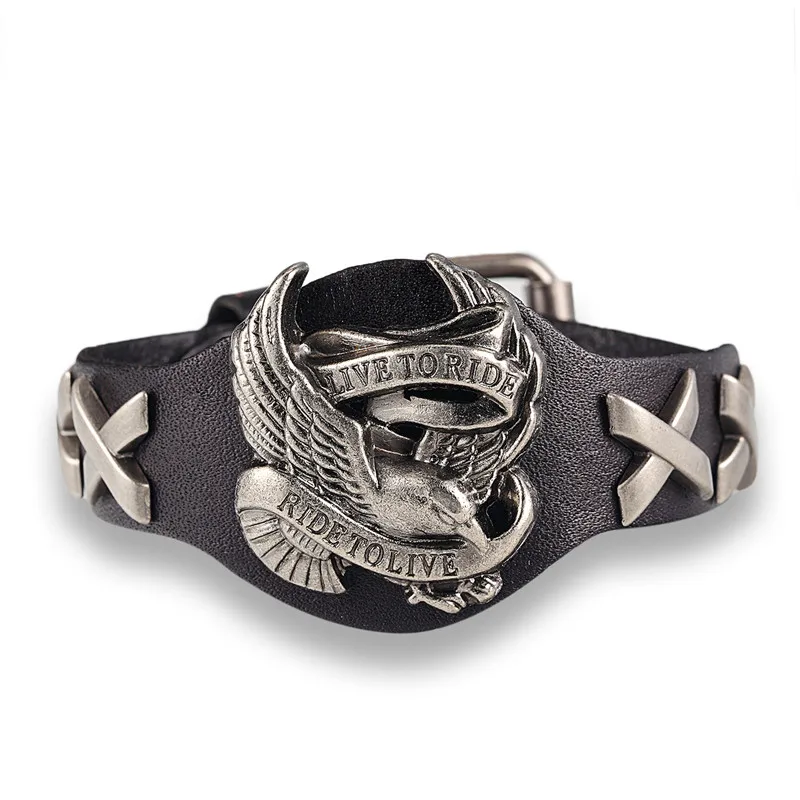 Herren Echtleder-Armband Punk Biker Adler Zinklegierung Armband Vintage Handgefertigt Verstellbare Schnalle Männlicher Motorrad-Schmuck – Detail 6
