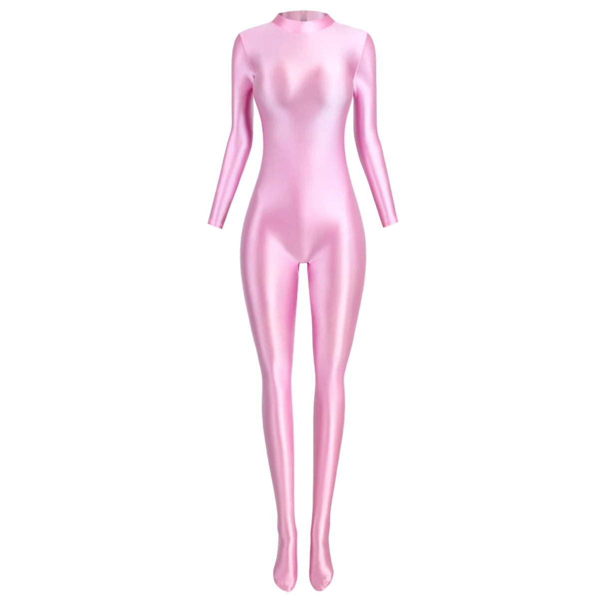 MJINM Glossy Silky Smooth Satin Long-sleeve Back Short Zipper Tight Gym Fitness Bodybuilding Jumpsuit Bodysuit Playsuit Overalls