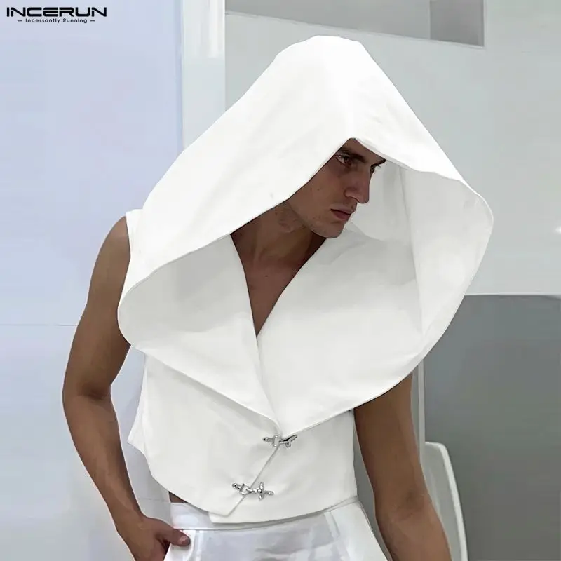 INCERUN Herren Tanktops Einfarbig mit Kapuze Ärmellos mit Knöpfen Herrenwesten Streetwear Übergroß Locker 2026 Mode Unregelmäßige Oberteile für Männer