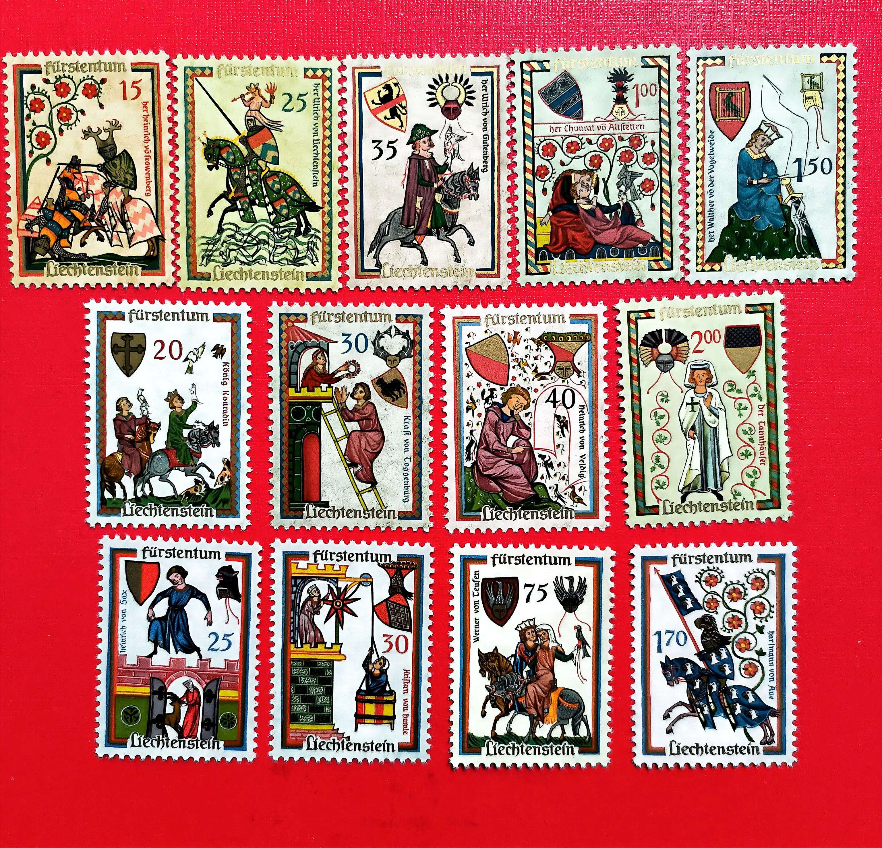 Марки liechtenstein, почтовые расходы, 1961-1963, средневековый двор, лирические поэты, 13, новые коллекционные почтовые марки, материал для скрапбукинга