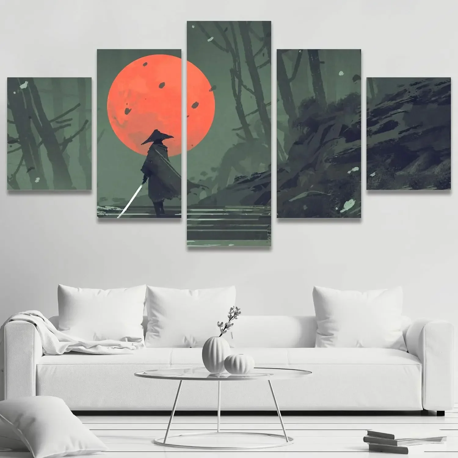 Large Canvas Wall Art Samurai Standing on Stairway in Night Forest with The Red Moon on Background, Painting Pictures - 60