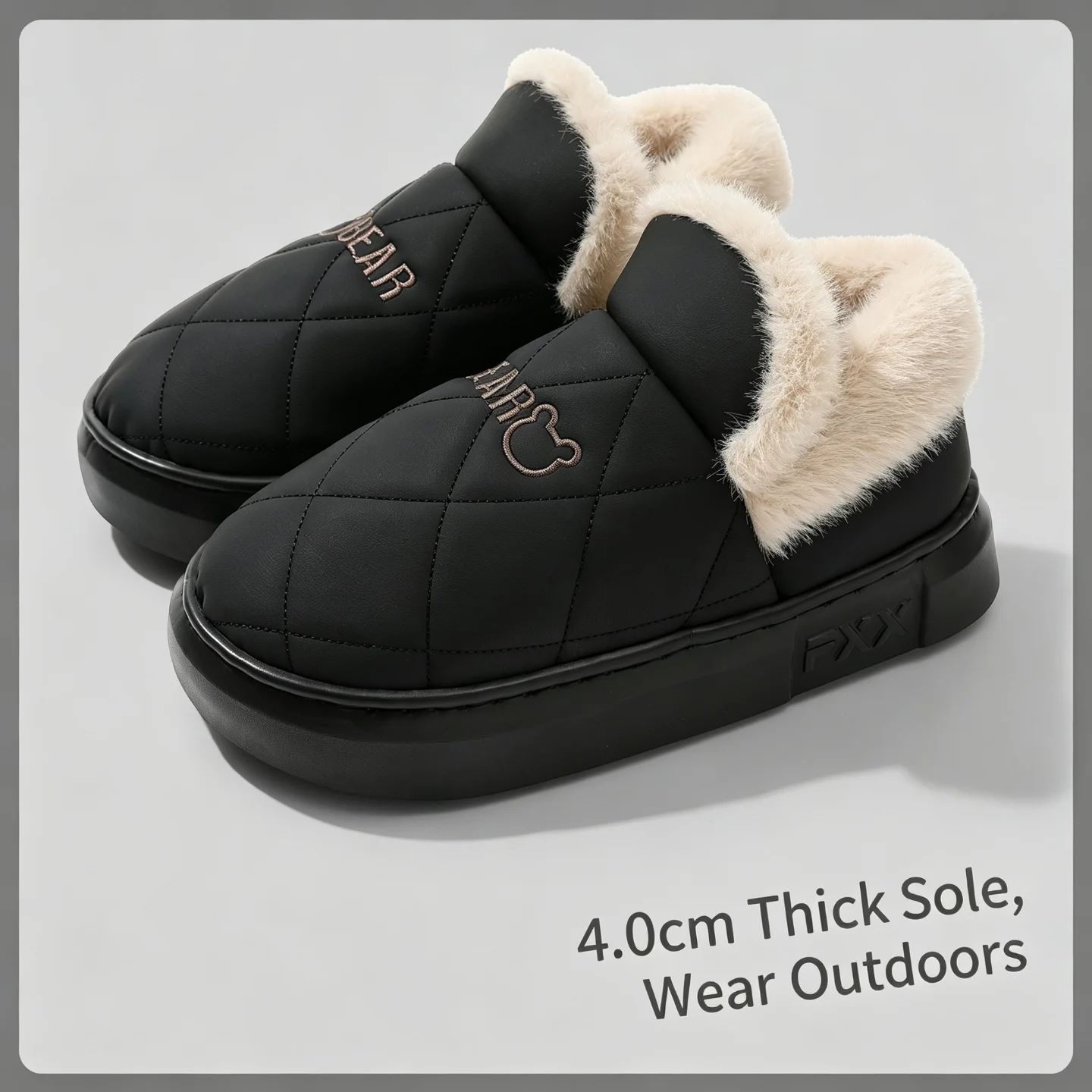 Winter Wasserdichte Hausschuhe für Damen und Herren, Warme Plüsch-Hausschuhe mit Dicker Sohle, Bären-Stickerei, Rutschfeste Indoor-Baumwoll-Fell-Schuhe – Detail 6