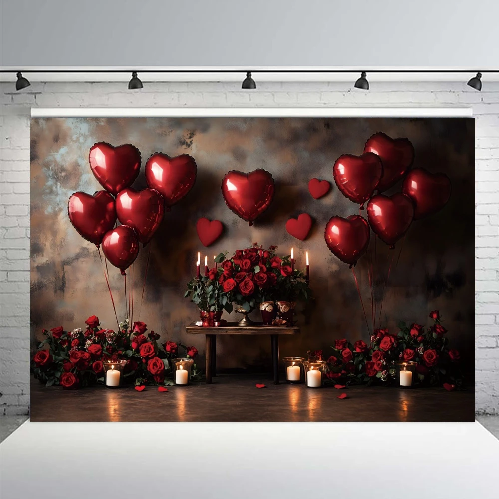 Valentine's Day Backdrop Retro Grey Wall Sweet Love Heart Balloon Flowers Candles February 14th Couple Portrait Photo Background