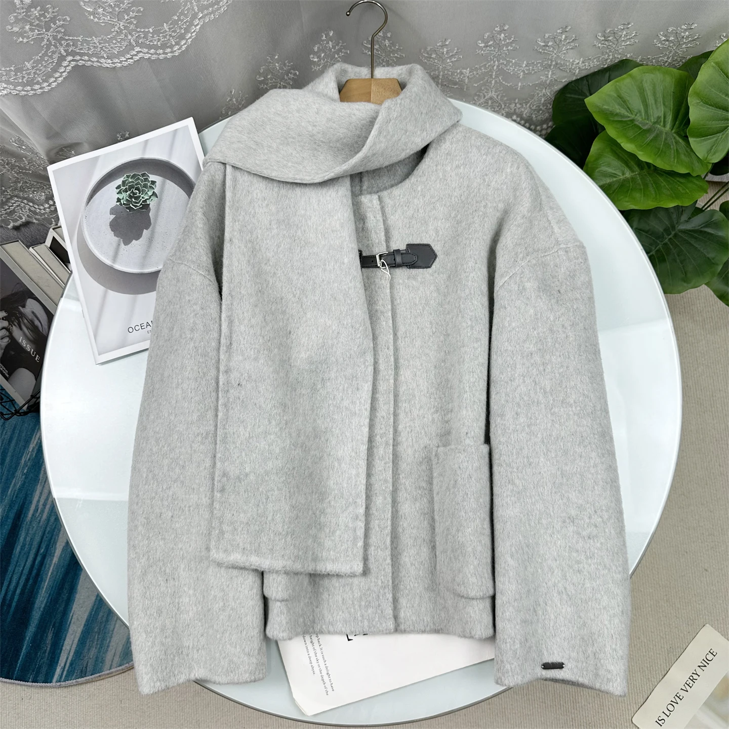 

McSystem Atmosphere Grey Coat 2025 Autumn Winter New Korean Style Scarf Buttoned Small Size Woolen Outerwear