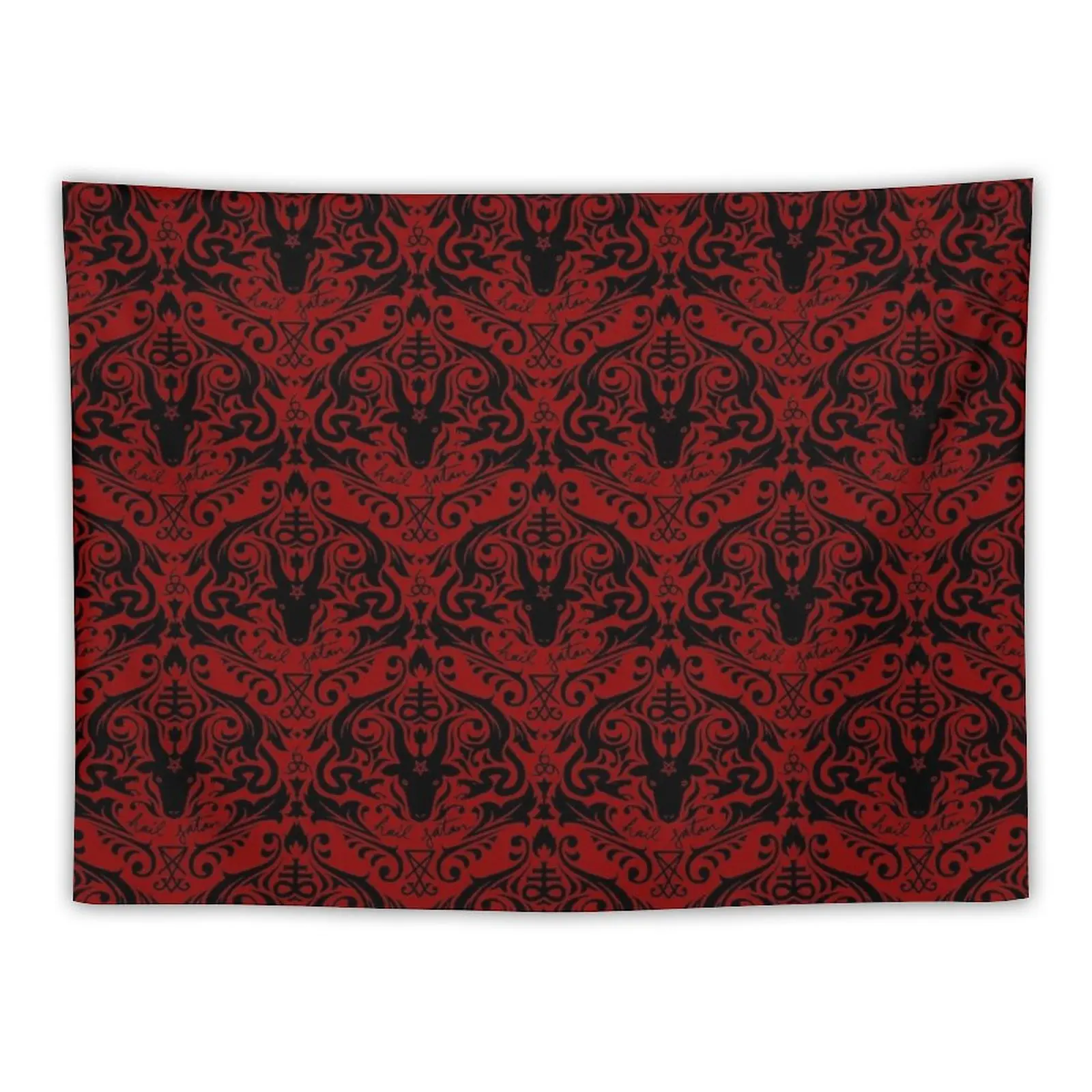 Damask - Hail Satan (Black & Red default) Tapestry Room Aesthetic Decor Bedroom Organization And Decoration Tapestry