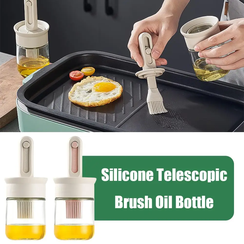 2 In 1 Oil Dispenser Bottle With Telescopic Silicone Basting Brush Food Grade Glass BBQ Cooking Oil Brush Pot Kitchen Gadget