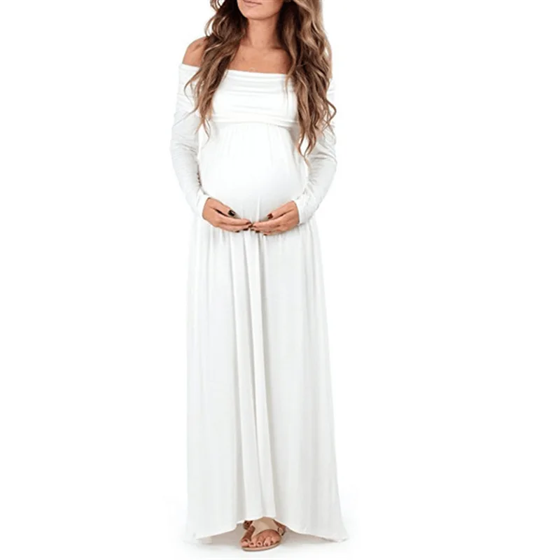 2023 New Pregnant Women's Dress One Line Neck Long Sleeve Floor Sweeping Longuette Bohemian Solid Pregnant Photography Dress