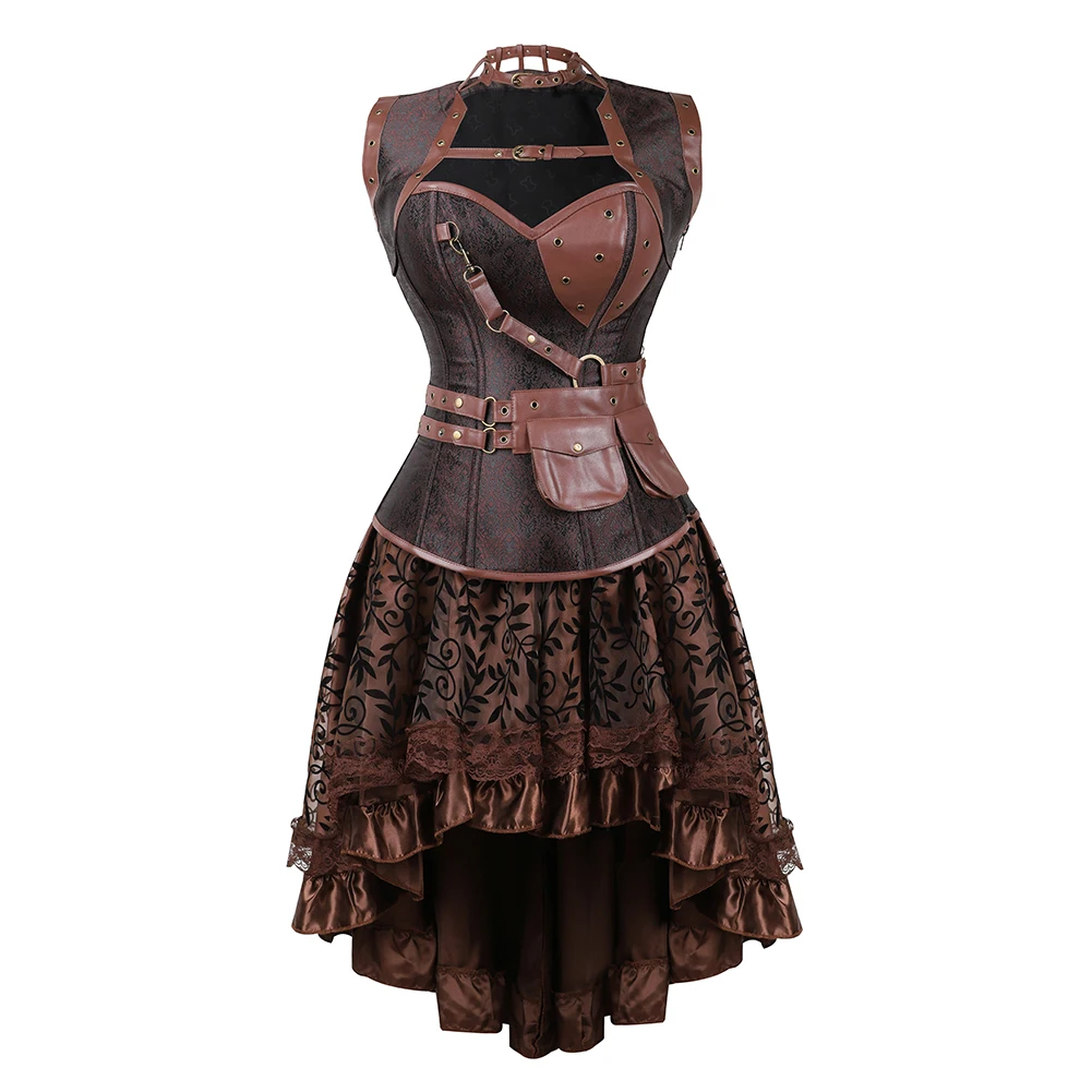 

Vintage Brown Classic Style Faux Leather Steam Corset with Skirt Plus Size Old Style Clothing Dress