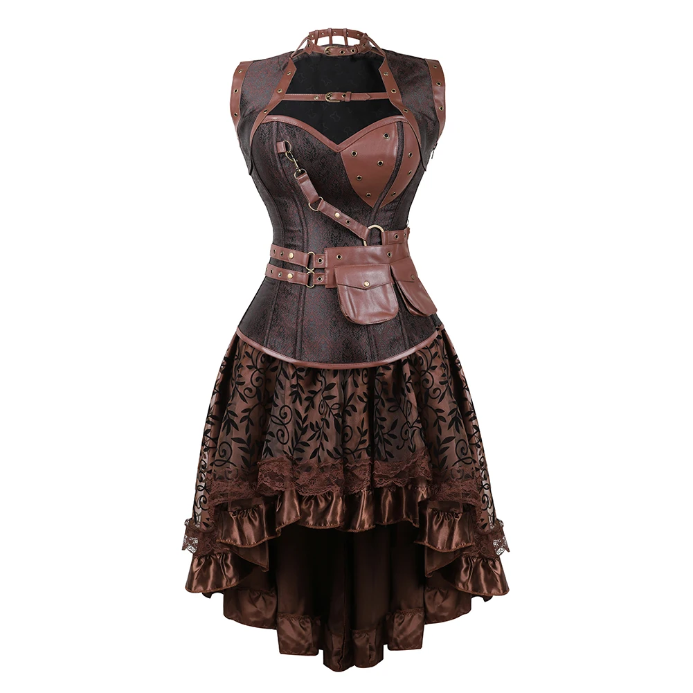 Vintage Brown Classic Style Faux Leather Steam Corset with Skirt Plus Size Old Style Clothing Dress