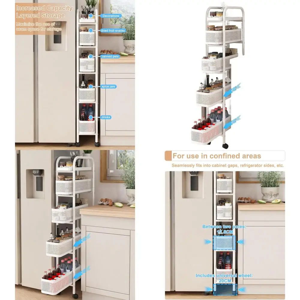

5-Tier Rolling Storage Cart with Pull-Out Basket, White - Multi-Purpose Organizer for Kitchen, Bathroom, Laundry