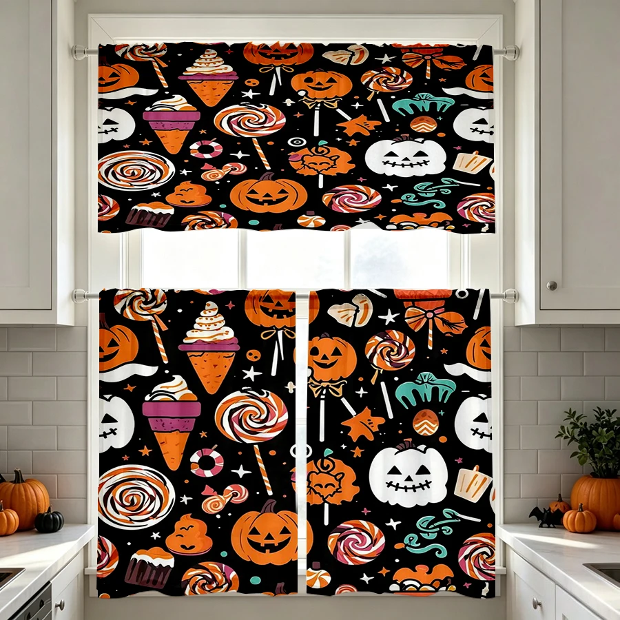 Halloween Fall Kitchen Curtains, Candy Ice Cream Pumpkin, Digital Print, Kitchen Dining Room, Rod Pocket Polyester, Home Decor