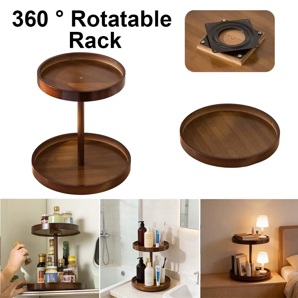 

Revolving Storage Tray Desktop Makeup Storage Shelf Double Layers Wood Kitchen Seasoning Holder for Tabletop Cabinet Bathroom