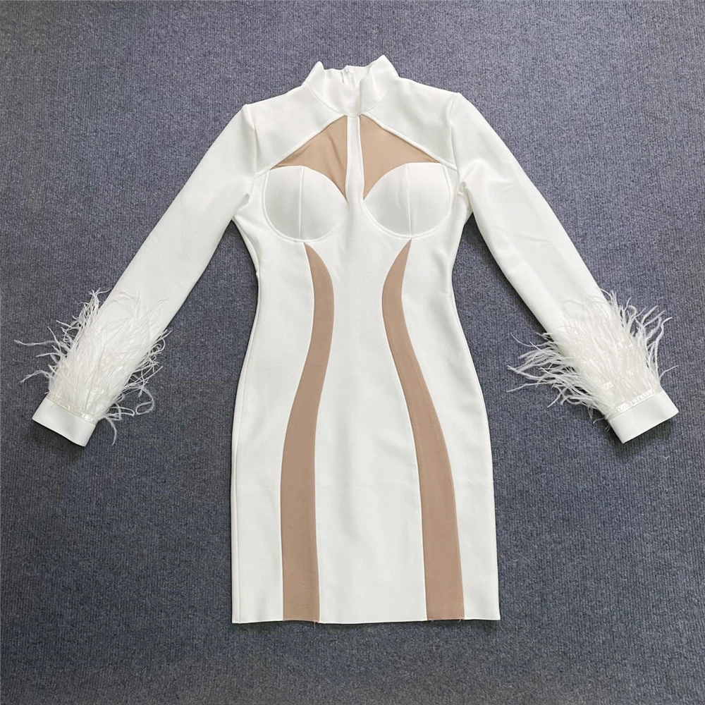 2023 New Fashion Feathers Bandage Dresses Woman Bodycon Long Sleeve Clothes Celebrity Club Party Mini Dresses