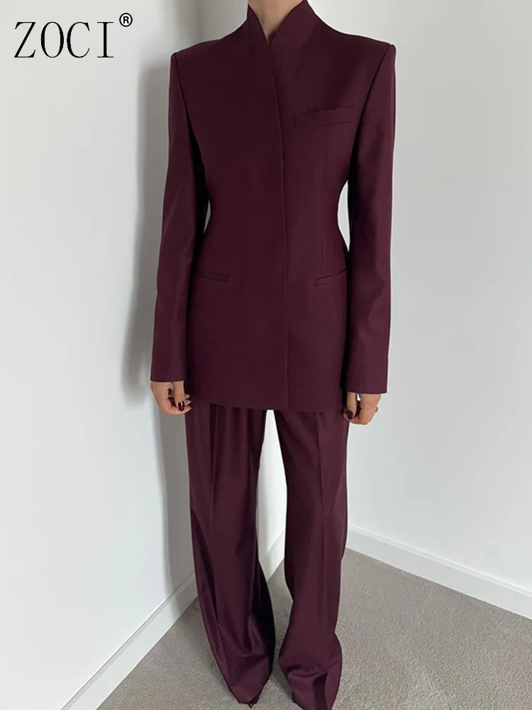 

ZOCI Women's Angora Red Blazer Suits Sets Collarless Suit Jackets For Female Office Lady High Waist Suit Pants Solid Color 2025