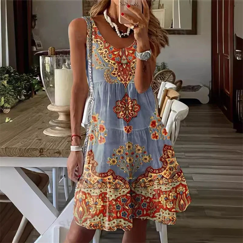 Elegant Women Ethnic Style Print Dresses High Waist Casual Vacation Loose Dress Summer O Neck Pullover Sleeveless Female Gown 24