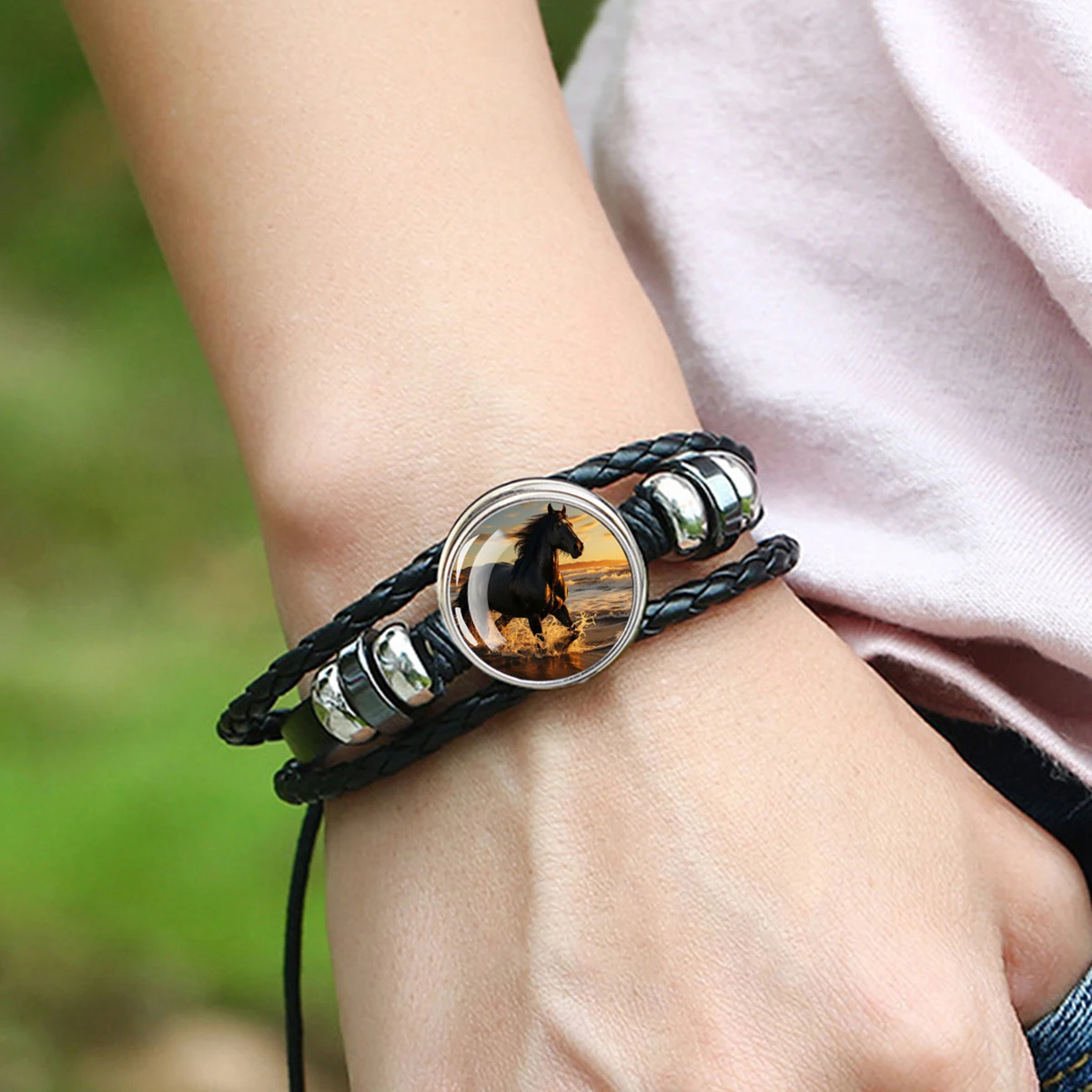 Horse Pattern Black Leather Bracelet Men Women Punk Woven Bracelet Horse-riding Lovers Gift