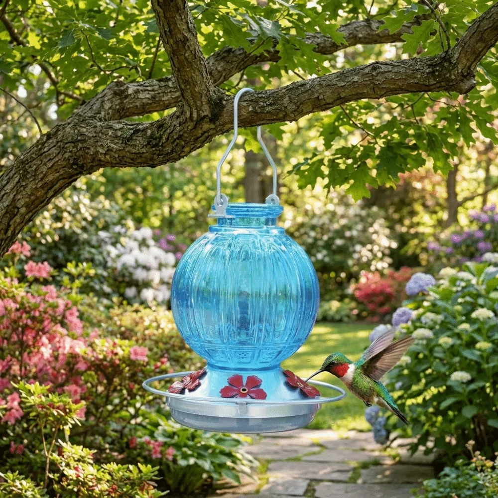Comedero para Colibríes Colgante de Vidrio, a Prueba de Fugas, con 5 Orificios en Forma de Flor, Resistente a la Intemperie, Comedero Automático para Pájaros