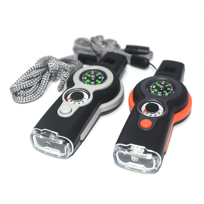 7 in 1 Emergency Survival Whistle Compass Thermometer Referee Cheerleading Whistle Sporting Goods Camping Hiking Outdoor Tools