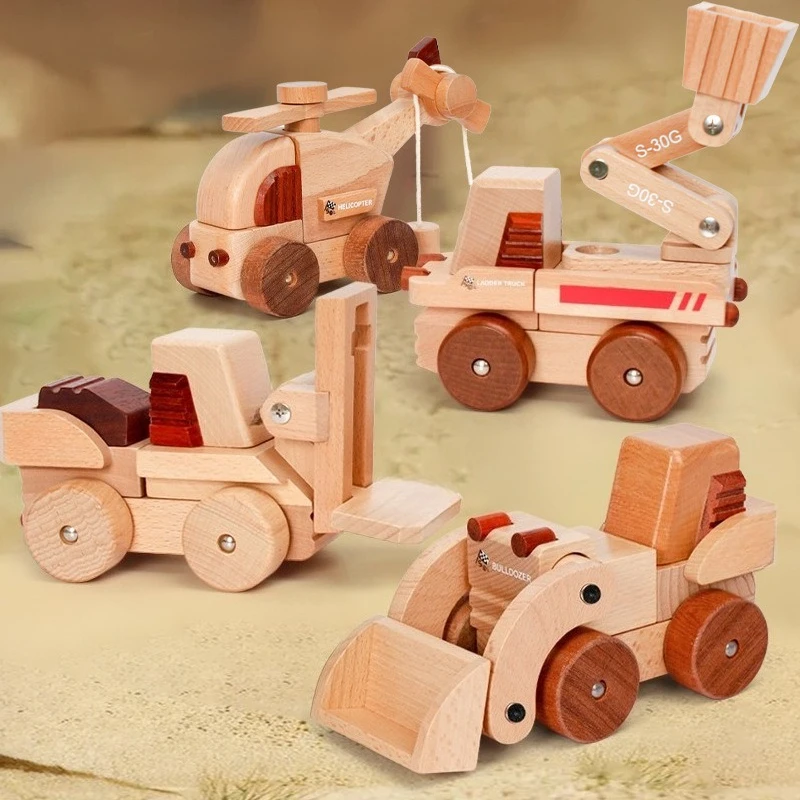 Beech Wooden Magnetic Building model Set Engineering Vehicle Aircraft Assembly Puzzle Educational