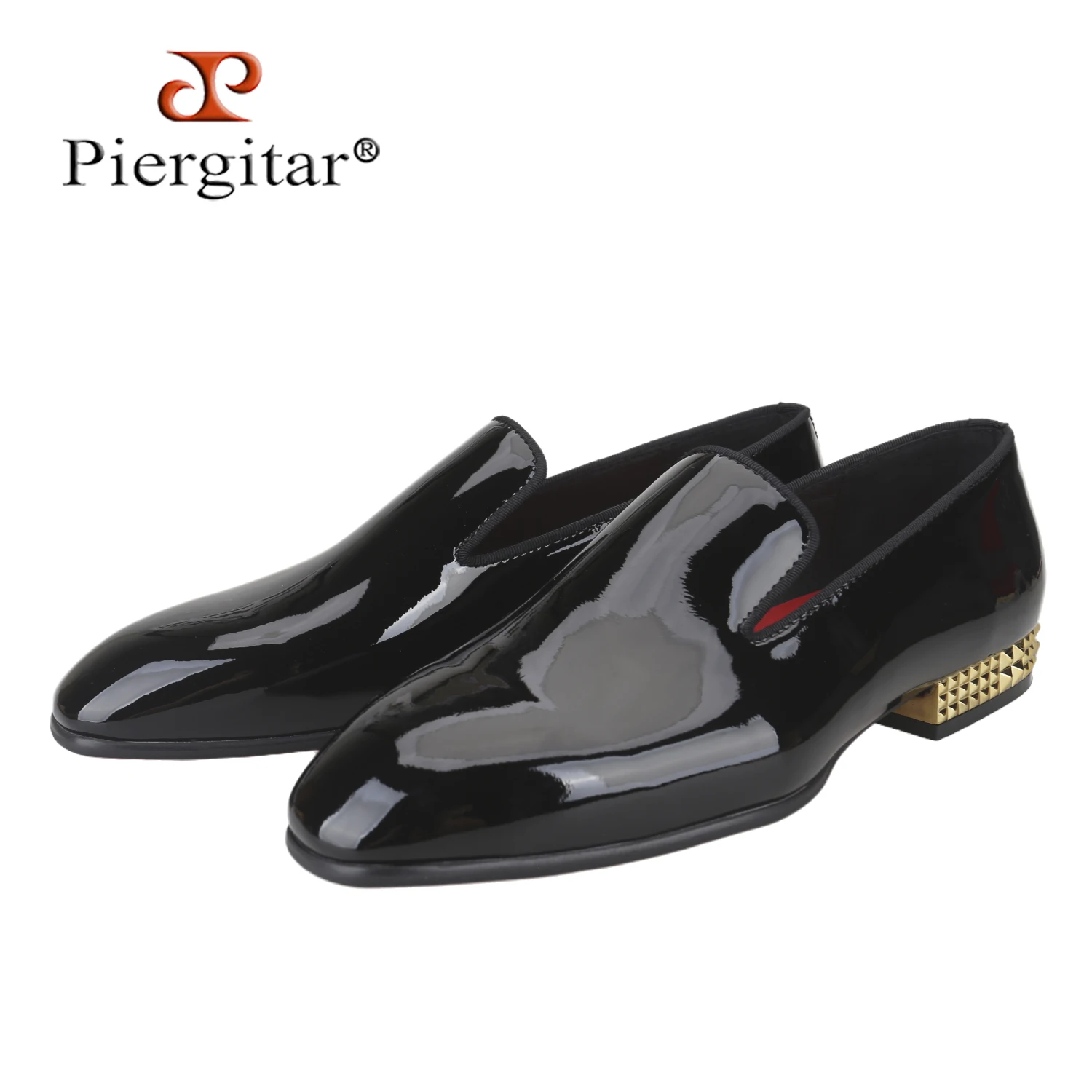Piergitar Glossy Black Patent Leather Men's Loafers For Evening Events And Wedding Party Wear Custom Gold Heel Slip-On Shoes