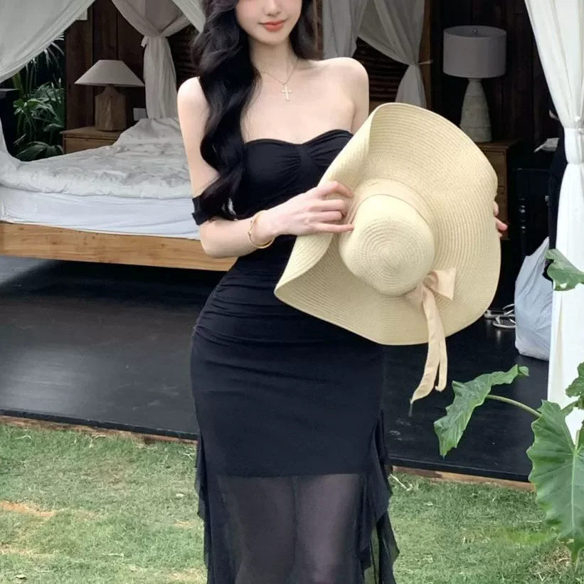 เดรสยาวทรงเมอร์เมดเข้ารูป ผ้าตาข่ายต่อผ้า คอร์เซ็ท สายเดี่ยว เปิดหลัง เซ็กซี่ จับจีบ ทรงเข้ารูป สไตล์วายทูเค สำหรับงานปาร์ตี้