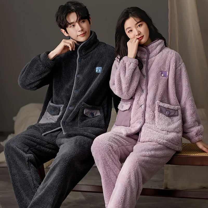Fleece Couple's Pajamas Thick Warm Winter Loungewear Soft Durable Versatile Men Women Pockets Top Pants Solid Stripes.