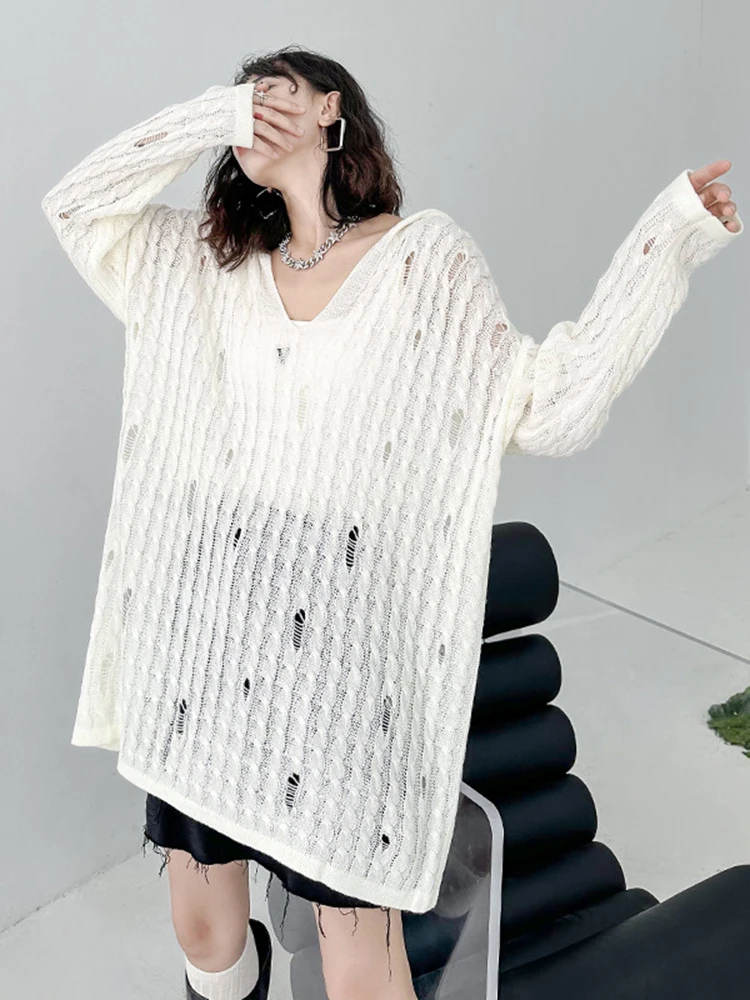 [EAM] White Hollow Out Big Size Knitting Sweater Hooded Long Sleeve Women Pullovers New Fashion  Spring Autumn 2024 1DH7160