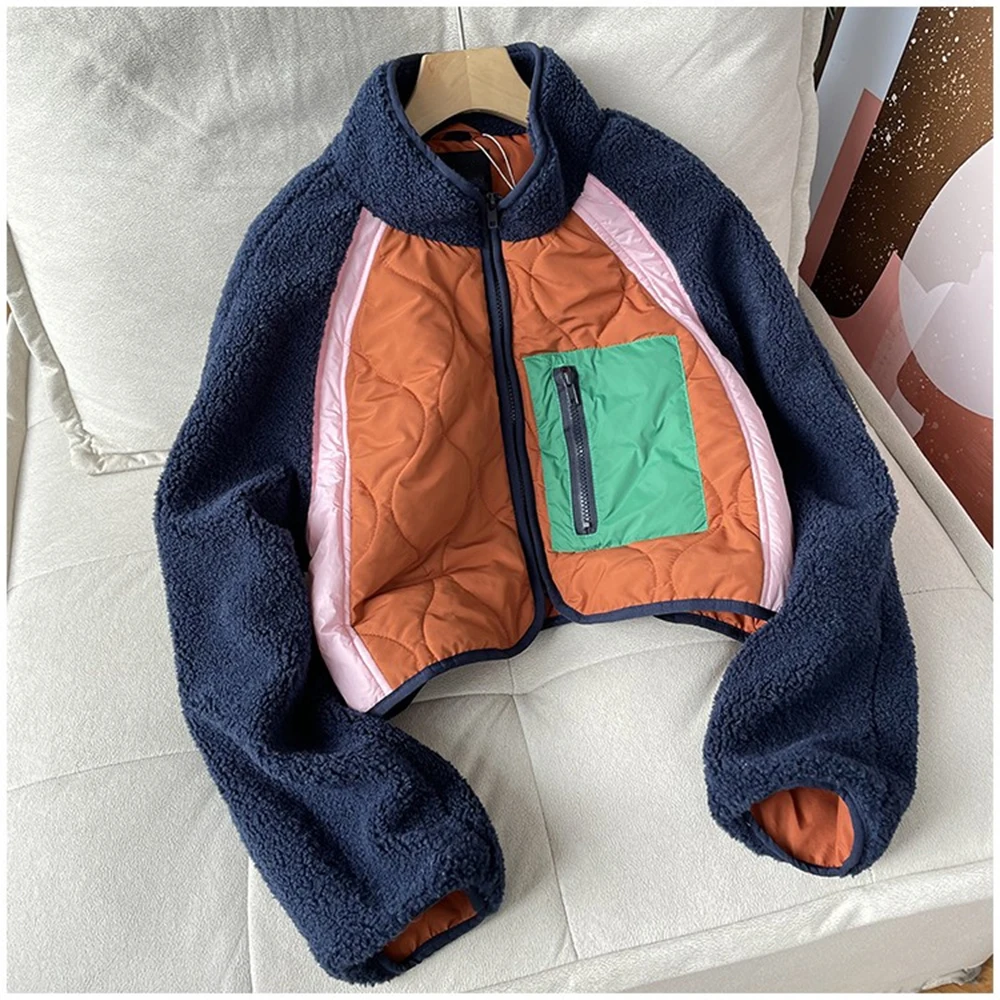 Fashion Versatile Plush Splicing Color Contrasting Coat Autumn Winter Zipper Pocket Design Short Style Cotton Jacket For Women