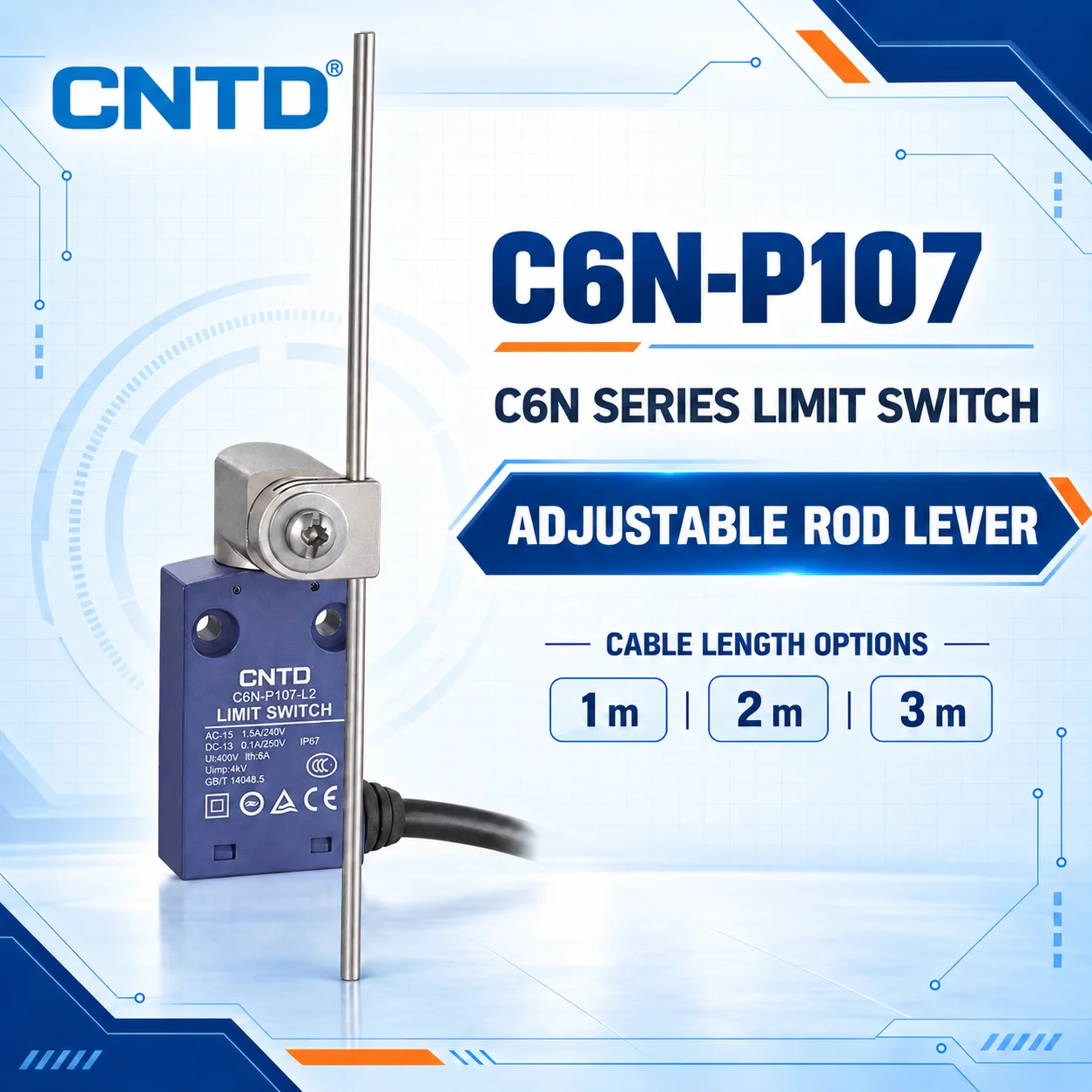 CNTD Travel Limit Switch C6N-P107 Adjustable rod swing rod Self-reset Waterproof IP67 1m 2m 3m Cable Length silver contact