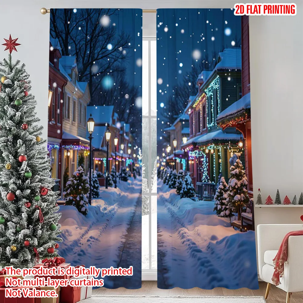 

2pcs 2D flat printing Merry Christmas Popular Curtains Christmas Town Scene Versatile 100% Polyester Without Electricity