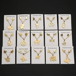 New Animal Flower Butterfly Pendant Stainless Steel Necklace For Women Gold Color Chain Necklaces Earrings Jewelry Set Gifts