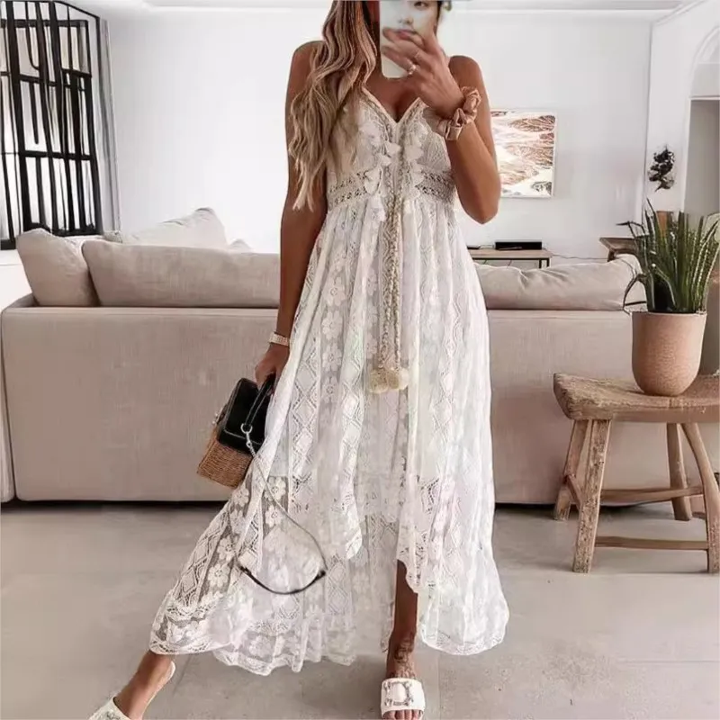 Boho Camis Dress Women Summer New Sexy Sleeveless White Sling Lace Dresses Beach Holiday Wedding Dresses V Neck Long Sundress