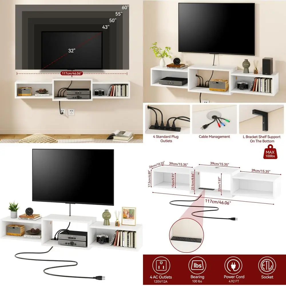 

Modern White Wall-Mounted TV Stand with Power Outlet, Floating Media Console Shelf for Living Spaces