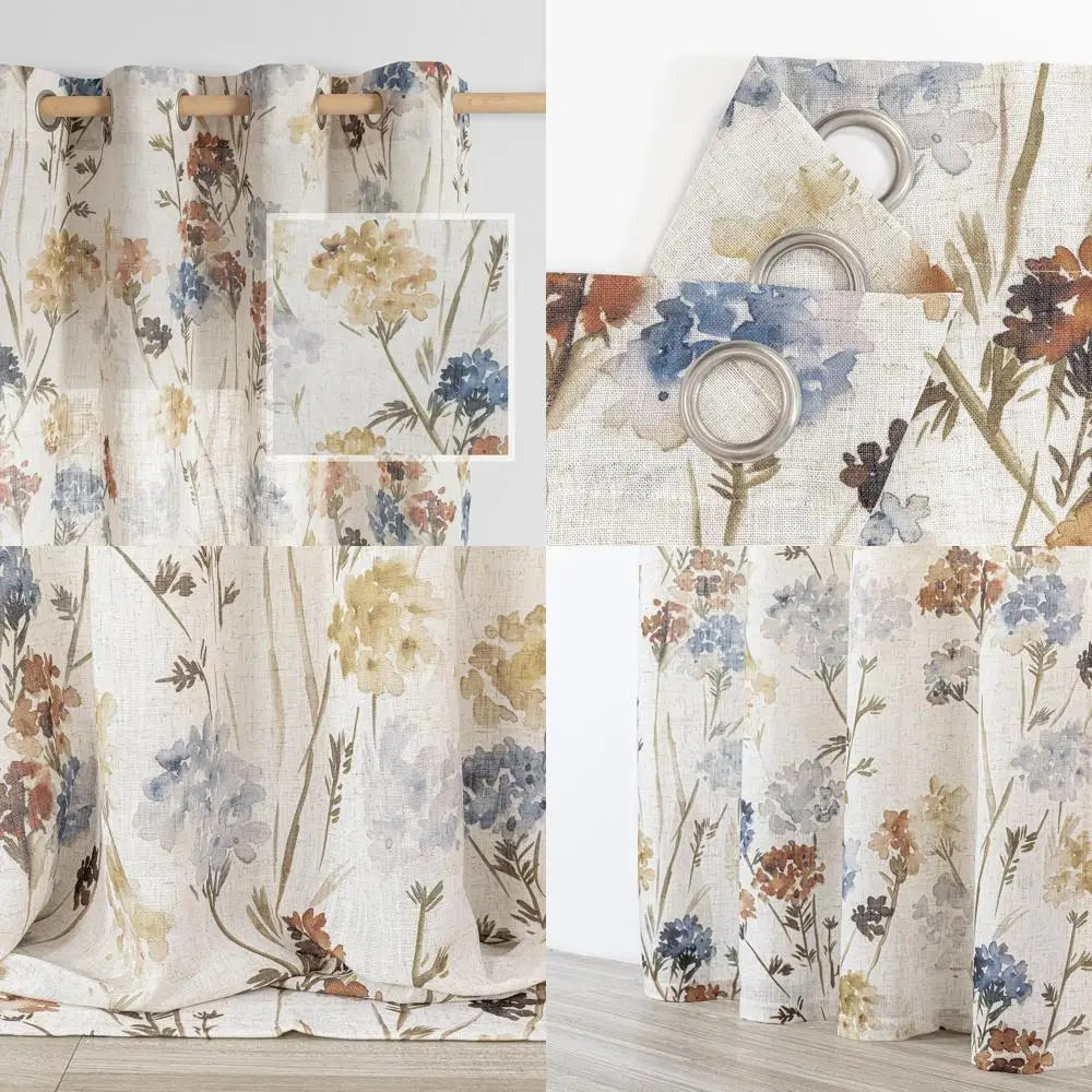 ستائر كتان زهرية صفراء - خصوصية شبه شفافة لغرف المعيشة وتناول الطعام، W52xL102، مجموعة من 2