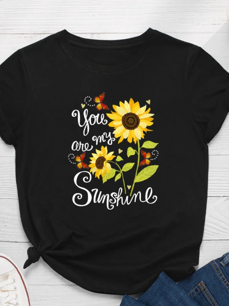 Plus Size Women T Shirt O Neck Loose Women Tshirt Ladies Tee Shirt You Are My Sunshine Sunflower Print Tops Camisetas Mujer