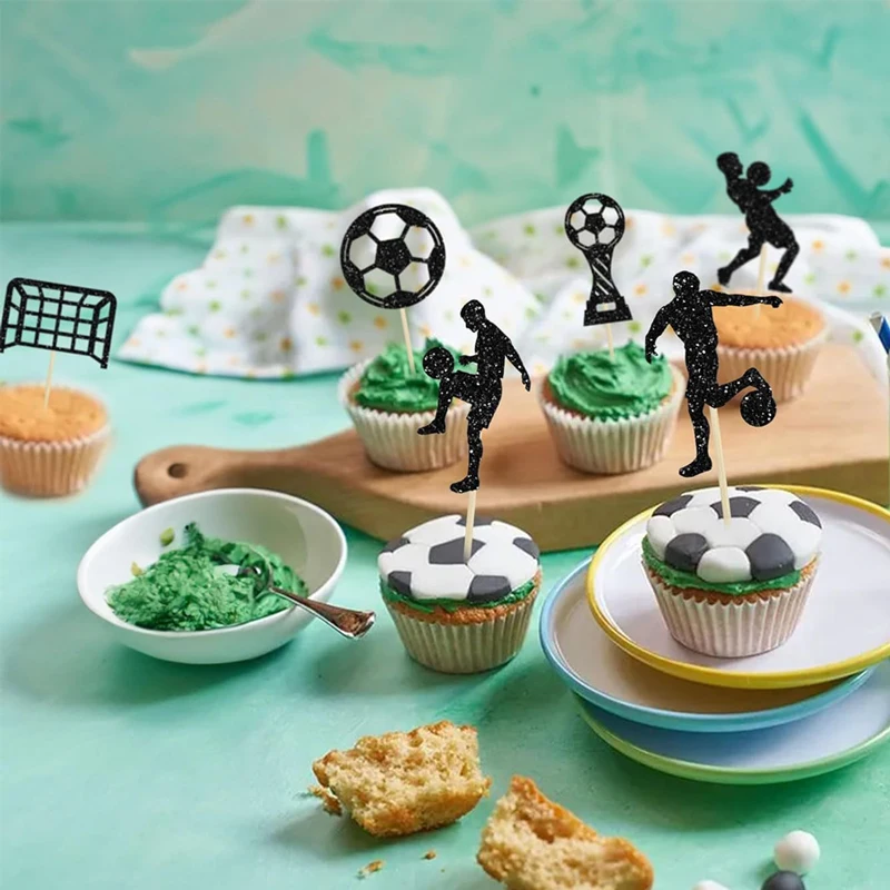 YOMDID 24 Stück Fußball-Cupcake-Topper, glitzernde Fußball-Kuchen-Dekoration, Sport-Cupcake-Picks, Fußball-Thema, Geburtstagskuchen-Topper – Detail 10