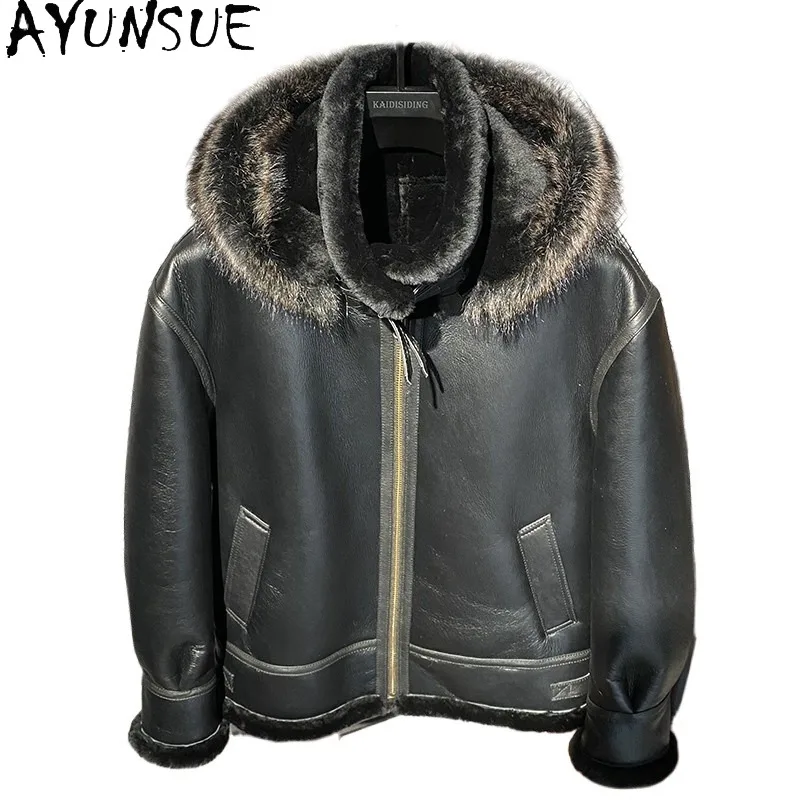 AYUNSUE Original Ecological Sheep Shearling Fur Coat Man Thicken Men's Winter Coat Genuine Sheepskin Outerwear Flight Jackets