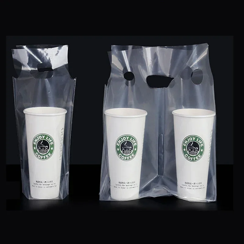 100pcs 500-700ml Clear Plastic Packaging Bag Single/Double Cup Coffee Take-away Bags Milk Tea Beverage Tote Bag Party Supplies