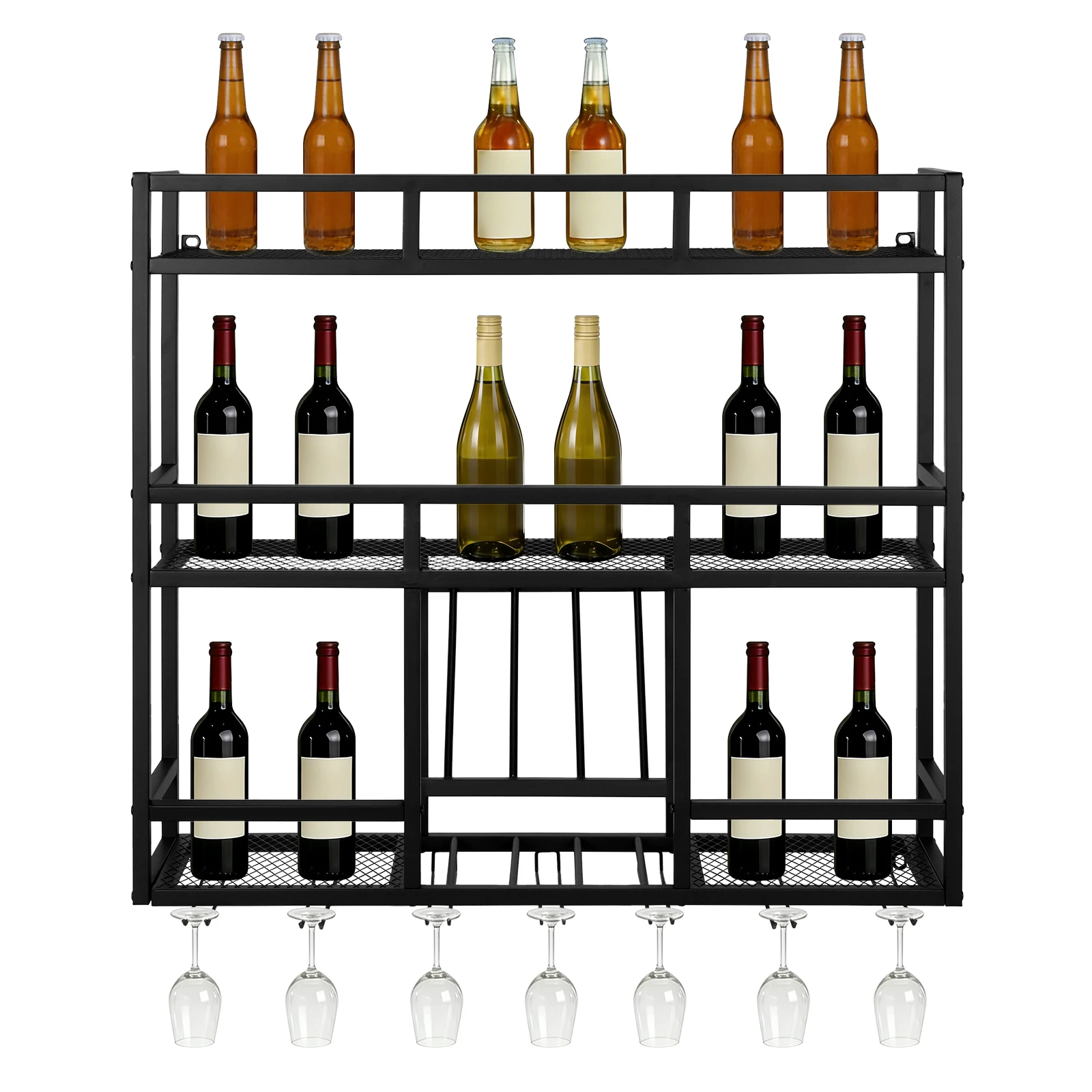 

Настенная винная полка на 3 уровня с держателем для бокалов, металлический подвесной органайзер для хранения алкоголя для кухни, гостиной, дома