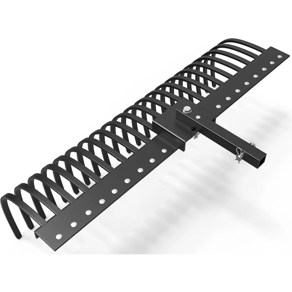 Rastrillo de remolque detrás del paisaje, rastrillo de Tractor de 60 pulgadas con 2 receptores para ATV UTV, 21 dientes de acero con resorte, rastrillo desacoplador de césped Atta